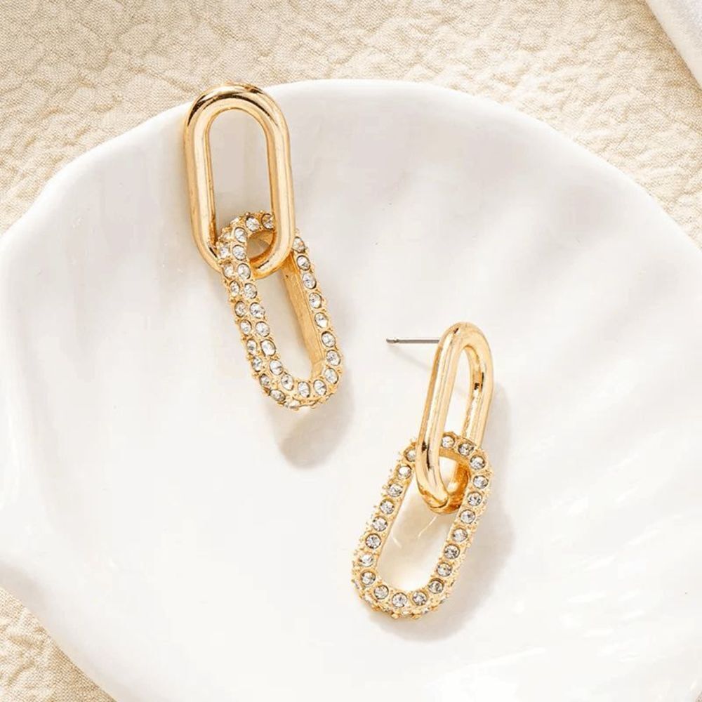 Geometric Link Gold Inlay Diamond Dangle Earrings